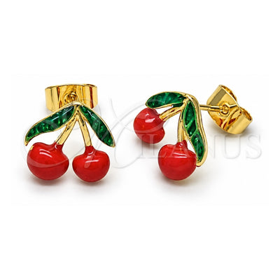 Oro Laminado Stud Earring, Gold Filled Style Cherry Design, Red Enamel Finish, Golden Finish, 02.283.0279