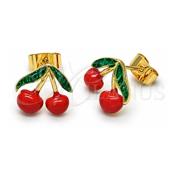 Oro Laminado Stud Earring, Gold Filled Style Cherry Design, Red Enamel Finish, Golden Finish, 02.283.0279