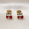 Oro Laminado Stud Earring, Gold Filled Style Cherry and Heart Design, with Garnet and Green Cubic Zirconia, Polished, Golden Finish, 02.283.0280