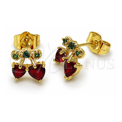 Oro Laminado Stud Earring, Gold Filled Style Cherry and Heart Design, with Garnet and Green Cubic Zirconia, Polished, Golden Finish, 02.283.0280