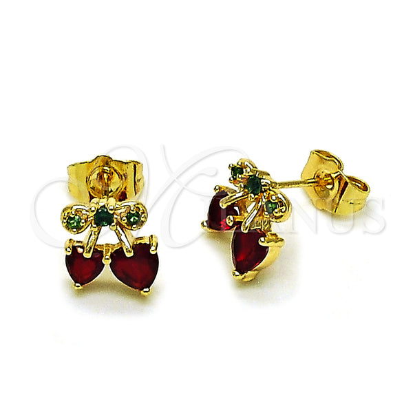 Oro Laminado Stud Earring, Gold Filled Style Cherry and Heart Design, with Garnet and Green Cubic Zirconia, Polished, Golden Finish, 02.283.0280