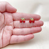Oro Laminado Stud Earring, Gold Filled Style Cherry Design, with Garnet Pearl and Green Micro Pave, Polished, Golden Finish, 02.283.0281