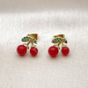 Oro Laminado Stud Earring, Gold Filled Style Cherry Design, with Garnet Pearl and Green Micro Pave, Polished, Golden Finish, 02.283.0281
