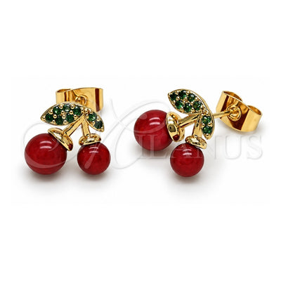 Oro Laminado Stud Earring, Gold Filled Style Cherry Design, with Garnet Pearl and Green Micro Pave, Polished, Golden Finish, 02.283.0281