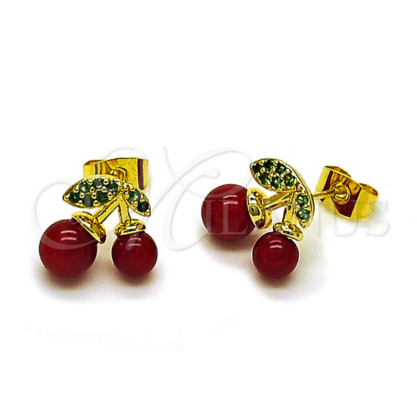 Oro Laminado Stud Earring, Gold Filled Style Cherry Design, with Garnet Pearl and Green Micro Pave, Polished, Golden Finish, 02.283.0281