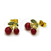 Oro Laminado Stud Earring, Gold Filled Style Cherry Design, with Garnet Pearl and Green Micro Pave, Polished, Golden Finish, 02.283.0281