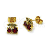 Oro Laminado Stud Earring, Gold Filled Style Cherry Design, with Garnet Cubic Zirconia and Green Micro Pave, Polished, Golden Finish, 02.283.0284