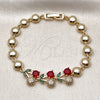 Oro Laminado Fancy Bracelet, Gold Filled Style Cherry and Ball Design, with Garnet and Green Cubic Zirconia, Polished, Golden Finish, 03.283.0474.07