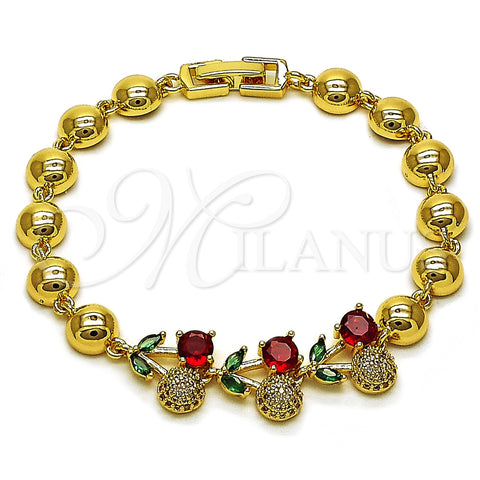 Oro Laminado Fancy Bracelet, Gold Filled Style Cherry and Ball Design, with Garnet and Green Cubic Zirconia, Polished, Golden Finish, 03.283.0474.07