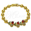 Oro Laminado Fancy Bracelet, Gold Filled Style Cherry and Ball Design, with Garnet and Green Cubic Zirconia, Polished, Golden Finish, 03.283.0474.07