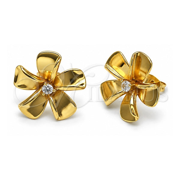 Oro Laminado Stud Earring, Gold Filled Style Flower Design, with White Cubic Zirconia, Polished, Rose Gold Finish, 02.282.0032