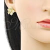 Oro Laminado Stud Earring, Gold Filled Style Flower Design, with White Cubic Zirconia, Diamond Cutting Finish, Golden Finish, 02.282.0033