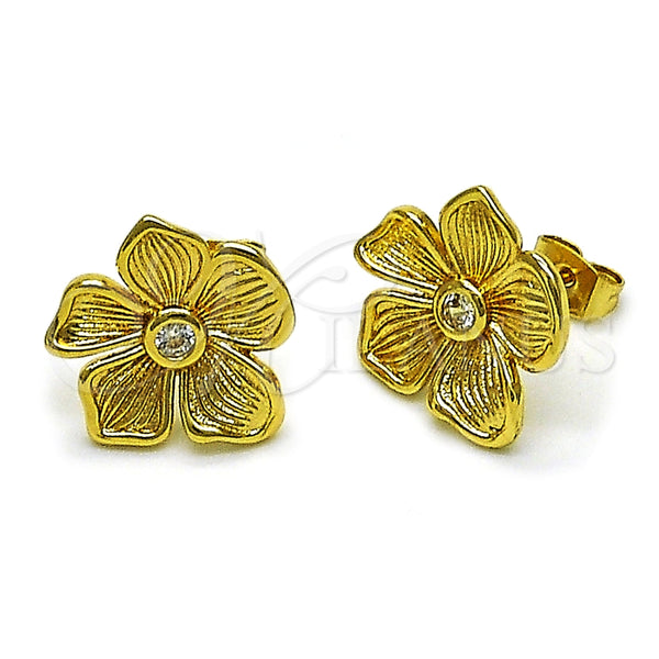 Oro Laminado Stud Earring, Gold Filled Style Flower Design, with White Cubic Zirconia, Diamond Cutting Finish, Golden Finish, 02.282.0033