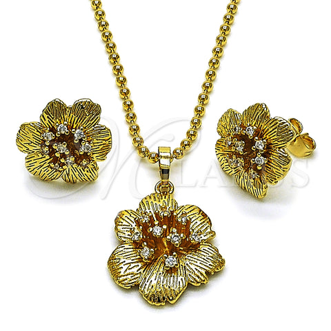 Oro Laminado Earring and Pendant Adult Set, Gold Filled Style Flower Design, with White Cubic Zirconia, Diamond Cutting Finish, Golden Finish, 10.282.0004
