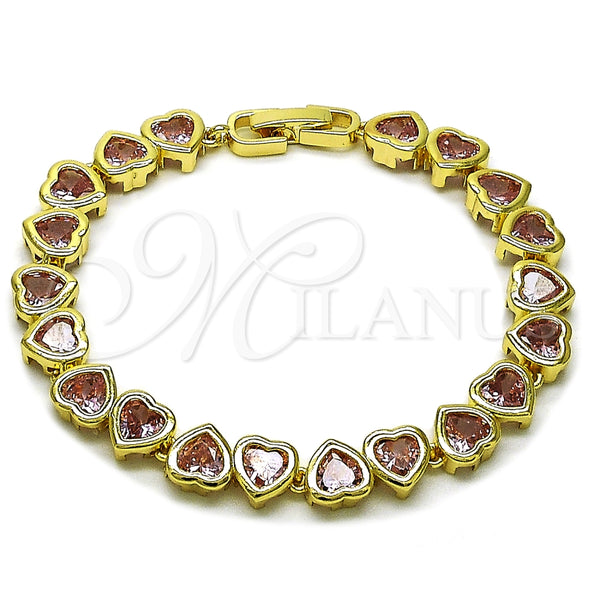 Oro Laminado Tennis Bracelet, Gold Filled Style Heart Design, with Pink Cubic Zirconia, Polished, Golden Finish, 03.284.0058.07