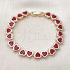 Oro Laminado Tennis Bracelet, Gold Filled Style Heart Design, with Garnet Cubic Zirconia, Polished, Golden Finish, 03.284.0058.1.07 (08 MM Thickness, 7 Inches Length)