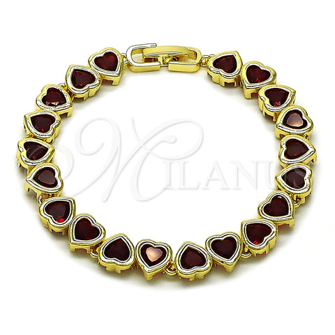 Oro Laminado Tennis Bracelet, Gold Filled Style Heart Design, with Garnet Cubic Zirconia, Polished, Golden Finish, 03.284.0058.1.07 (08 MM Thickness, 7 Inches Length)