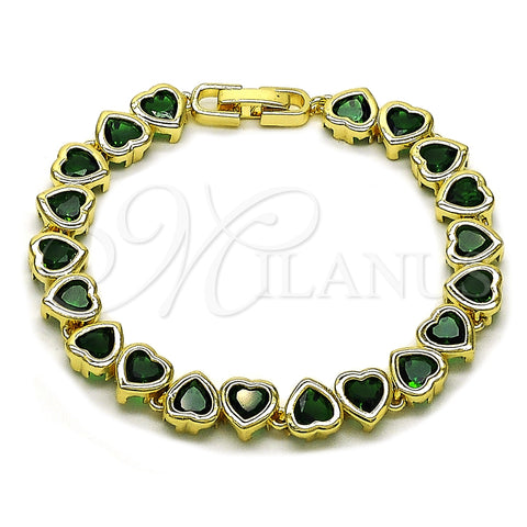 Oro Laminado Tennis Bracelet, Gold Filled Style Heart Design, with Green Cubic Zirconia, Polished, Golden Finish, 03.284.0058.2.07