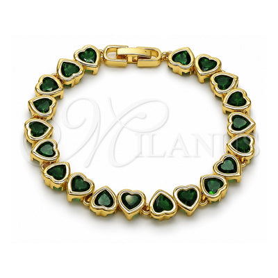Oro Laminado Tennis Bracelet, Gold Filled Style Heart Design, with Green Cubic Zirconia, Polished, Golden Finish, 03.284.0058.2.07 (08 MM Thickness, 7 Inches Length)