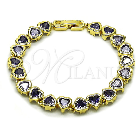 Oro Laminado Tennis Bracelet, Gold Filled Style Heart Design, with Amethyst Cubic Zirconia, Polished, Golden Finish, 03.284.0058.3.07