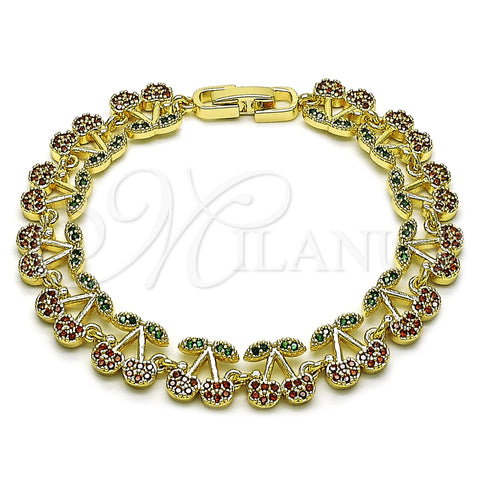 Oro Laminado Tennis Bracelet, Gold Filled Style Cherry Design, with Garnet and Green Micro Pave, Polished, Golden Finish, 03.284.0060.1.07