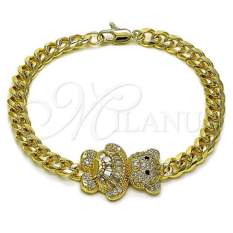 Oro Laminado Fancy Bracelet, Gold Filled Style Teddy Bear and Miami Cuban Design, with White Cubic Zirconia and White Micro Pave, Polished, Golden Finish, 03.284.0061.07