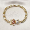 Oro Laminado Fancy Bracelet, Gold Filled Style Teddy Bear and Miami Cuban Design, with Garnet Cubic Zirconia and White Micro Pave, Polished, Golden Finish, 03.284.0061.1.07