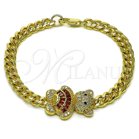 Oro Laminado Fancy Bracelet, Gold Filled Style Teddy Bear and Miami Cuban Design, with Garnet Cubic Zirconia and White Micro Pave, Polished, Golden Finish, 03.284.0061.1.07