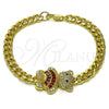 Oro Laminado Fancy Bracelet, Gold Filled Style Teddy Bear and Miami Cuban Design, with Garnet Cubic Zirconia and White Micro Pave, Polished, Golden Finish, 03.284.0061.1.07
