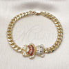 Oro Laminado Fancy Bracelet, Gold Filled Style Teddy Bear and Miami Cuban Design, with Garnet Cubic Zirconia and White Micro Pave, Polished, Golden Finish, 03.284.0061.1.07 (06 MM Thickness, 7 Inches Length)