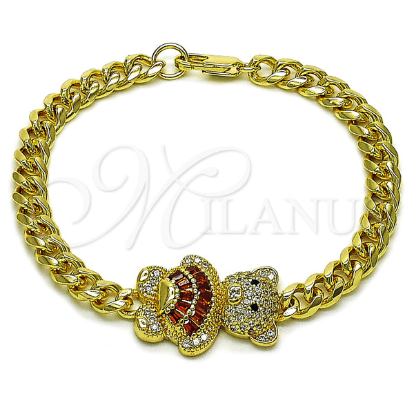 Oro Laminado Fancy Bracelet, Gold Filled Style Teddy Bear and Miami Cuban Design, with Garnet Cubic Zirconia and White Micro Pave, Polished, Golden Finish, 03.284.0061.1.07 (06 MM Thickness, 7 Inches Length)