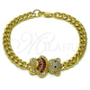 Oro Laminado Fancy Bracelet, Gold Filled Style Teddy Bear and Miami Cuban Design, with Garnet Cubic Zirconia and White Micro Pave, Polished, Golden Finish, 03.284.0061.1.07 (06 MM Thickness, 7 Inches Length)