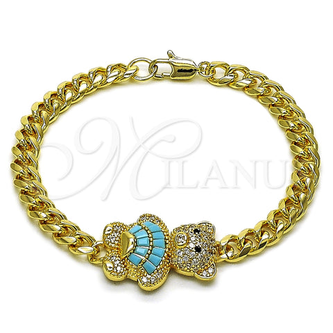 Oro Laminado Fancy Bracelet, Gold Filled Style Teddy Bear and Miami Cuban Design, with White and Black Micro Pave, Polished, Golden Finish, 03.284.0061.2.07