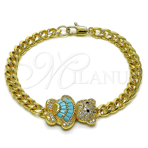Oro Laminado Fancy Bracelet, Gold Filled Style Teddy Bear and Miami Cuban Design, with White and Black Micro Pave, Polished, Golden Finish, 03.284.0061.2.07 (06 MM Thickness, 7 Inches Length)