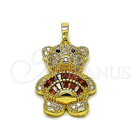Oro Laminado Fancy Pendant, Gold Filled Style Teddy Bear and Baguette Design, with Garnet Cubic Zirconia and White Micro Pave, Polished, Golden Finish, 05.284.0020.1