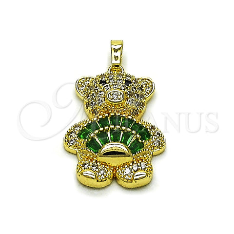 Oro Laminado Fancy Pendant, Gold Filled Style Teddy Bear and Baguette Design, with Green Cubic Zirconia and White Micro Pave, Polished, Golden Finish, 05.284.0020.3