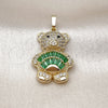 Oro Laminado Fancy Pendant, Gold Filled Style Teddy Bear and Baguette Design, with Green Cubic Zirconia and White Micro Pave, Polished, Golden Finish, 05.284.0020.3
