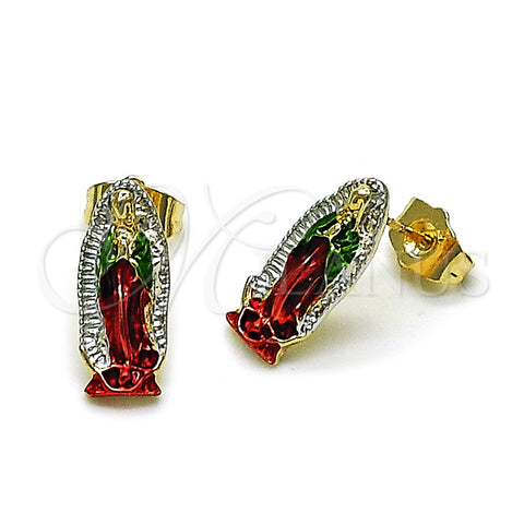 Oro Laminado Stud Earring, Gold Filled Style Guadalupe Design, Polished, Tricolor, 02.196.0217