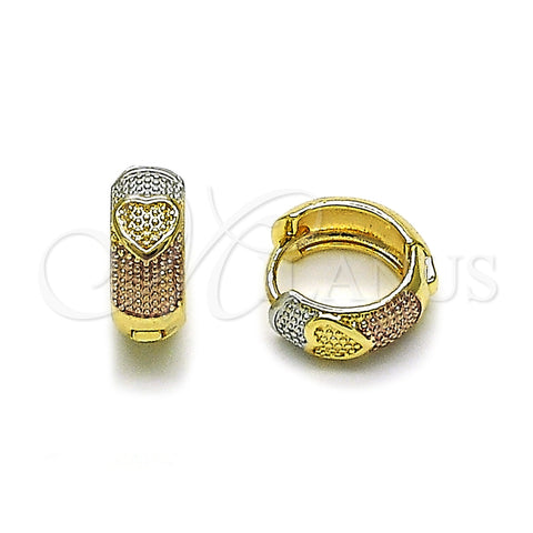 Oro Laminado Huggie Hoop, Gold Filled Style Heart Design, Diamond Cutting Finish, Tricolor, 02.196.0218.14