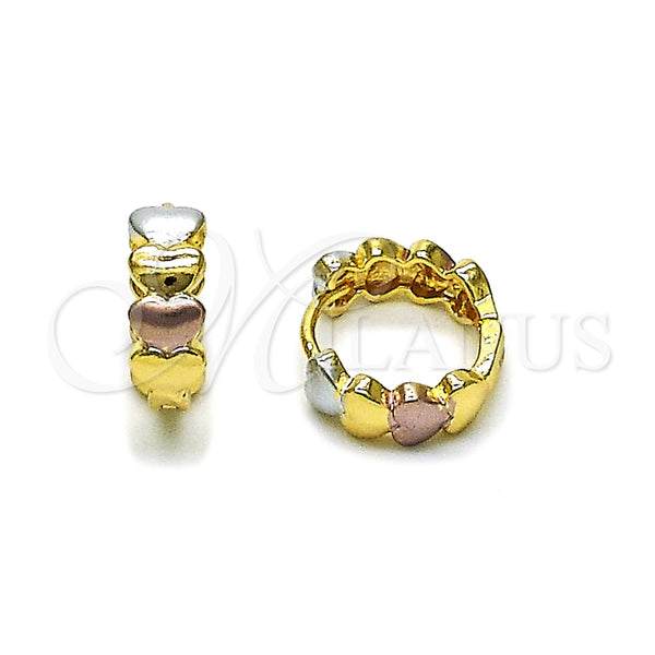 Oro Laminado Huggie Hoop, Gold Filled Style Heart Design, Polished, Tricolor, 02.196.0219.14