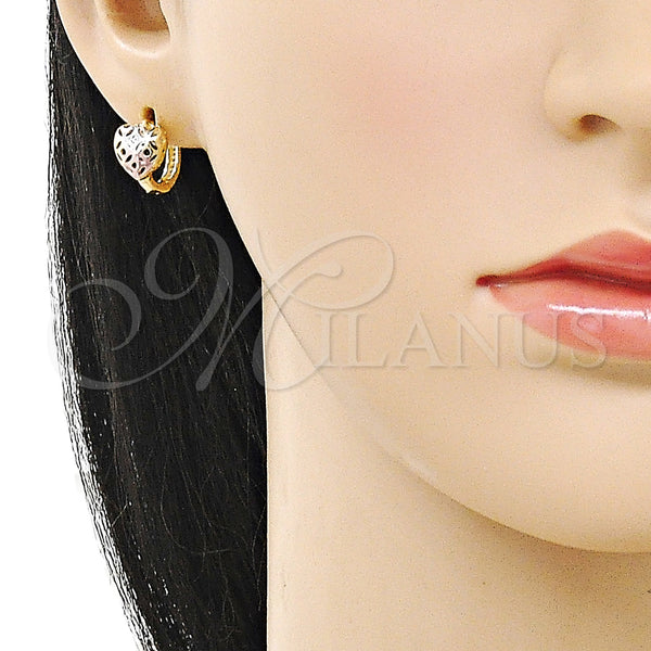 Gold Filled Hoop Earrings — Huggie Hoop Heart Design Polished Tricolor 02. — alternate product view — SKU 160304 | Oro Laminado aretes de aro — Huggie Hoop corazón diseño pulido Tricolor 02. — SKU 160304