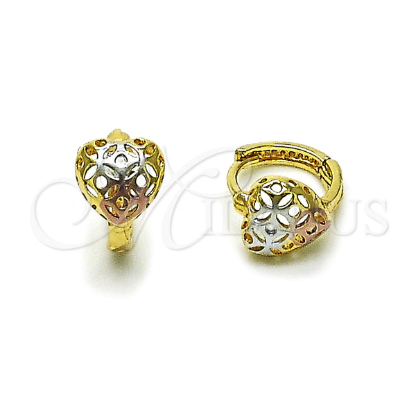 Gold Filled Hoop Earrings — Huggie Hoop Heart Design Polished Tricolor 02. — main product view — SKU 160304 | Oro Laminado aretes de aro — Huggie Hoop corazón diseño pulido Tricolor 02. — SKU 160304