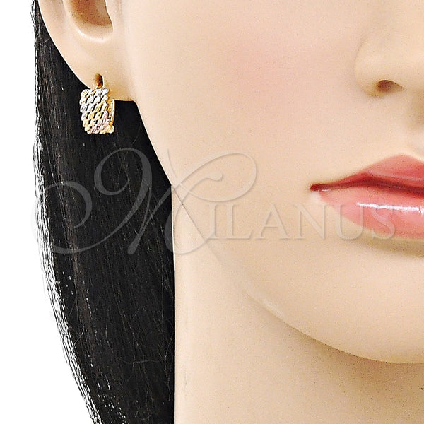 Gold Filled Hoop Earrings — Huggie Hoop Diamond Cutting Tricolor 02. — alternate product view — SKU 160305 | Oro Laminado aretes de aro — Huggie Hoop Diamond Cutting Tricolor 02. — SKU 160305