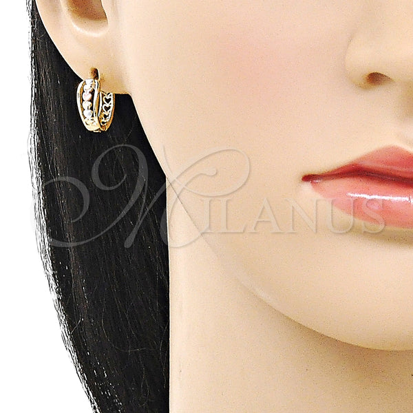 Gold Filled Hoop Earrings — Huggie Hoop Heart Design Polished Tricolor 02. — alternate product view — SKU 160306 | Oro Laminado aretes de aro — Huggie Hoop corazón diseño pulido Tricolor 02. — SKU 160306