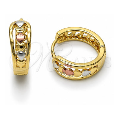 Oro Laminado Huggie Hoop, Gold Filled Style Heart Design, Polished, Tricolor, 02.196.0223.15