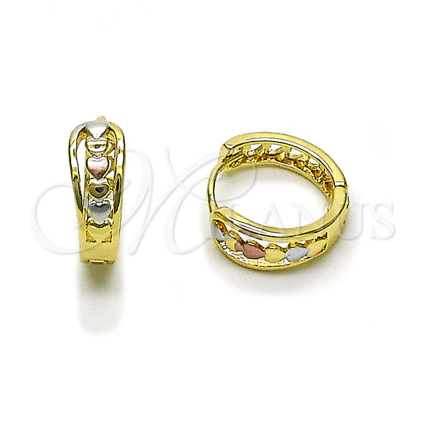 Gold Filled Hoop Earrings — Huggie Hoop Heart Design Polished Tricolor 02. — main product view — SKU 160306 | Oro Laminado aretes de aro — Huggie Hoop corazón diseño pulido Tricolor 02. — SKU 160306