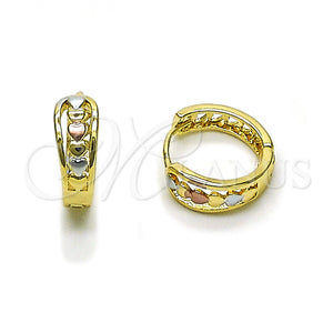 Gold Filled Hoop Earrings — Huggie Hoop Heart Design Polished Tricolor 02. — main product view — SKU 160306 | Oro Laminado aretes de aro — Huggie Hoop corazón diseño pulido Tricolor 02. — SKU 160306
