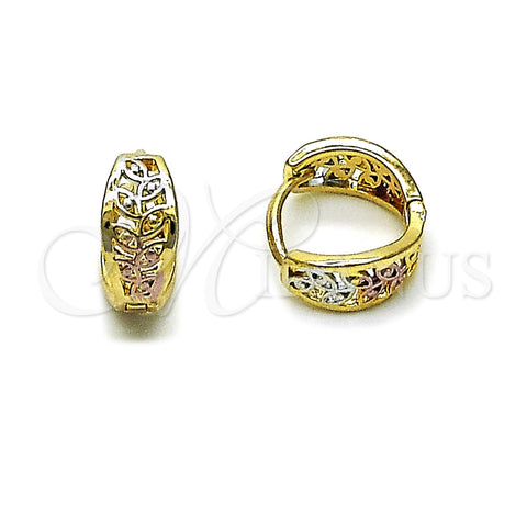 Oro Laminado Huggie Hoop, Gold Filled Style Leaf Design, Polished, Tricolor, 02.196.0224.14
