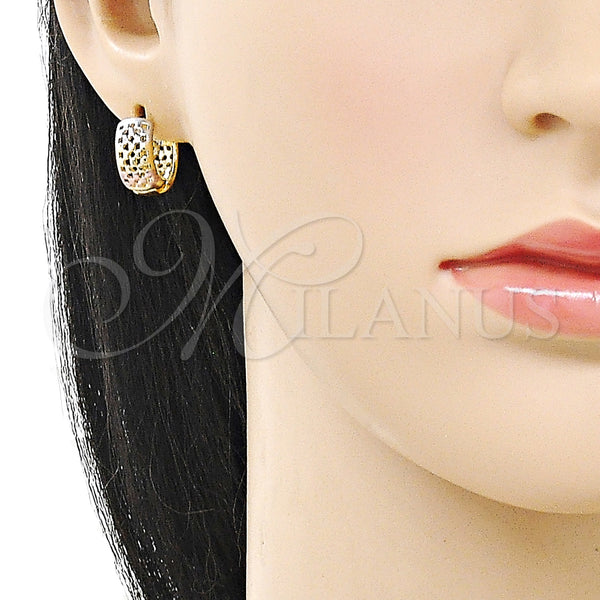 Gold Filled Hoop Earrings — Huggie Hoop Filigree Design Polished Tricolor 02. — alternate product view — SKU 160308 | Oro Laminado aretes de aro — Huggie Hoop Filigree diseño pulido Tricolor 02. — SKU 160308