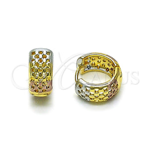 Gold Filled Hoop Earrings — Huggie Hoop Filigree Design Polished Tricolor 02. — main product view — SKU 160308 | Oro Laminado aretes de aro — Huggie Hoop Filigree diseño pulido Tricolor 02. — SKU 160308
